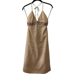 French Connection 100% Ramie Halter Dress Embroidered Floral Midi Size S